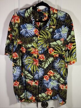 George Black Tropical Floral Camp Shirt with Blue & Green Leaves